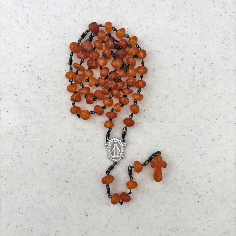 Catholic 59 Amber Glass Bead Rosary Jesus Mary Prayer Religious Vintage